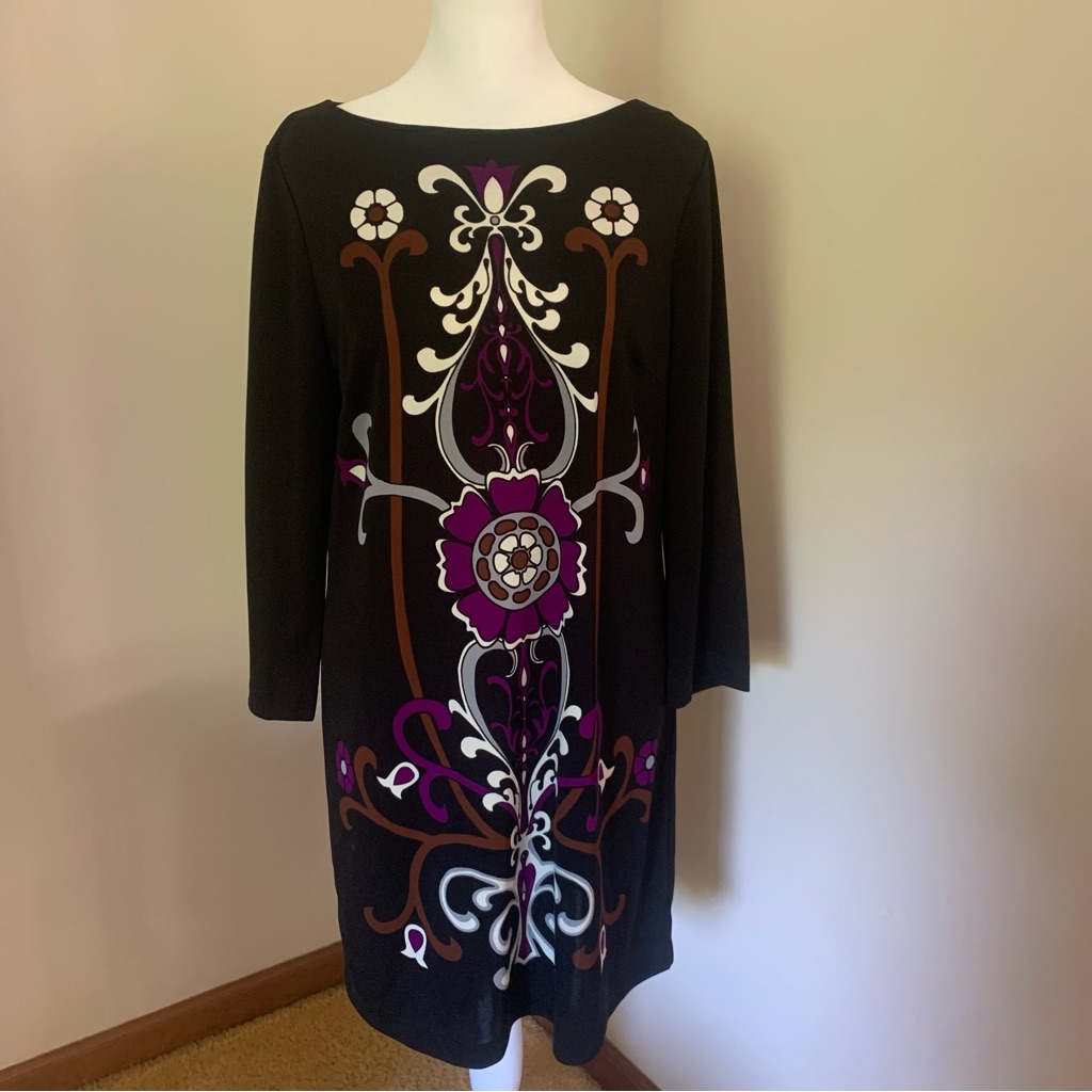 Tibi Black And Fleur De Lis Long Sleeve Shift Dress Women’s Size Medium